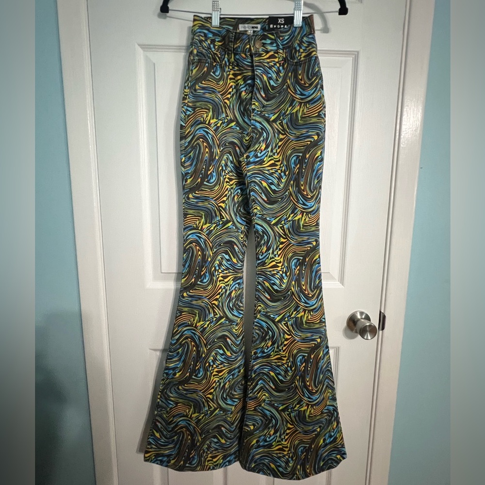 NWT Fashion Nova Y2K Lucid Dreams Print Flare Leg Pant Blue Black  XS Retro